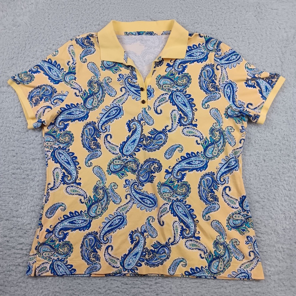Kim Rogers Polo Shirt Womens XXL Yellow Blue Paisley Cotton Short Sleeve Top